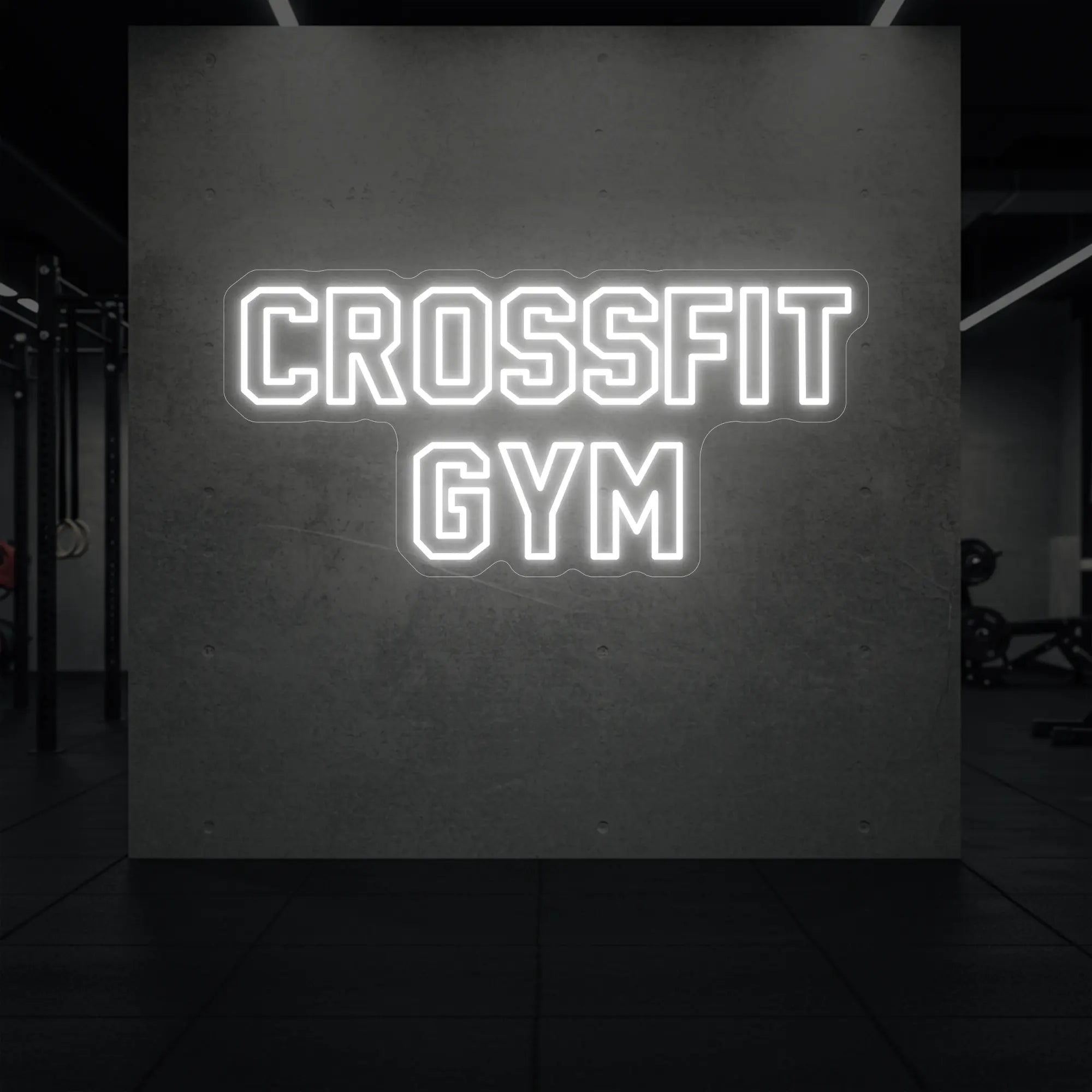  'CrossFit Gym' neon sign glowing in cool white against a styled interior wall.