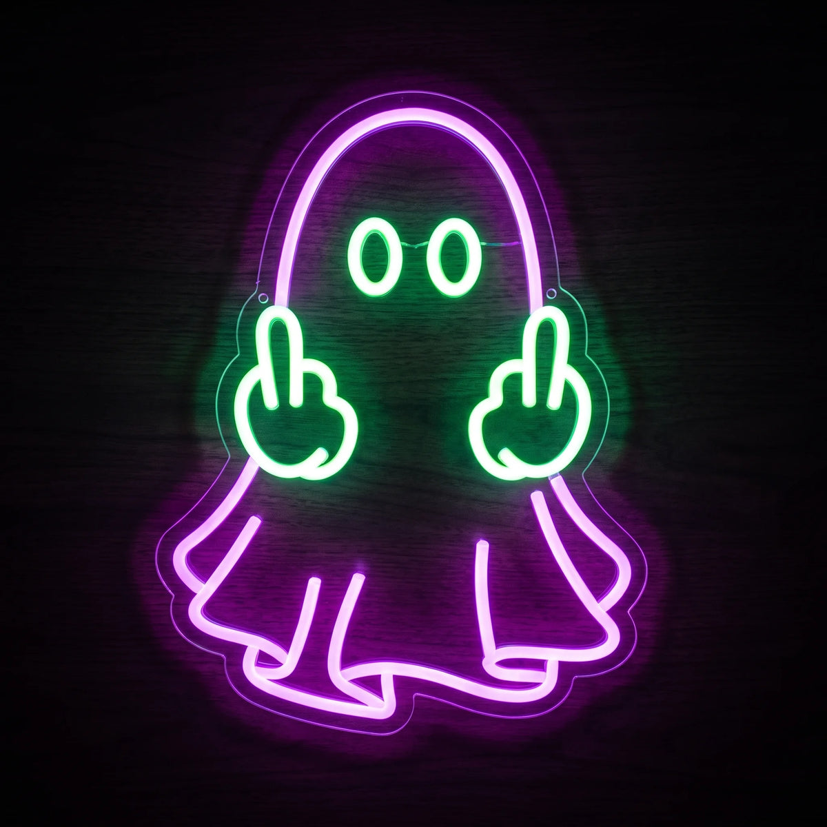 Cute ghost LED neon sign with purple-pink ghost outline, green eyes and raised hands on clear acrylic backing.
