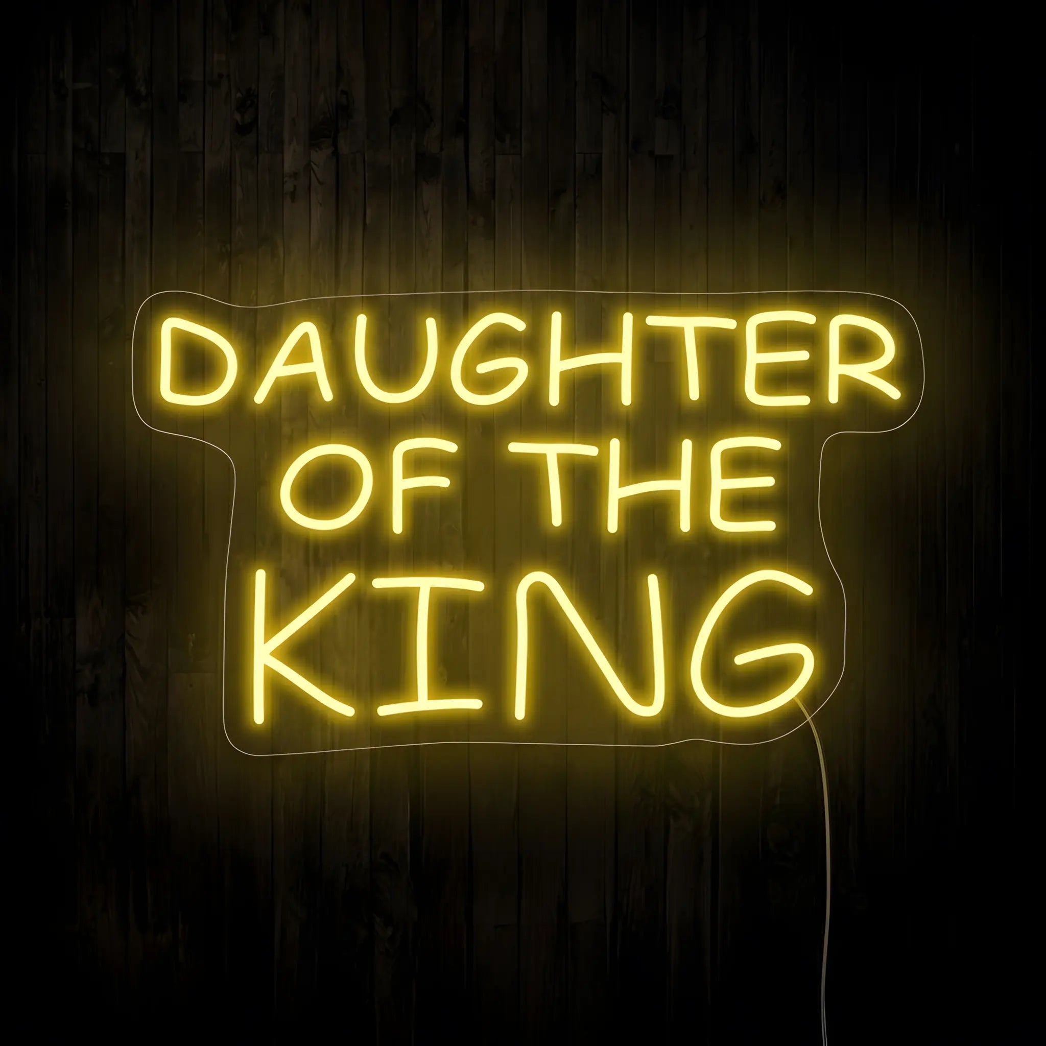 Daughter of the King LED neon sign with warm white illumination on precision-cut acrylic backing, Christian wall decor featuring an inspirational faith quote.