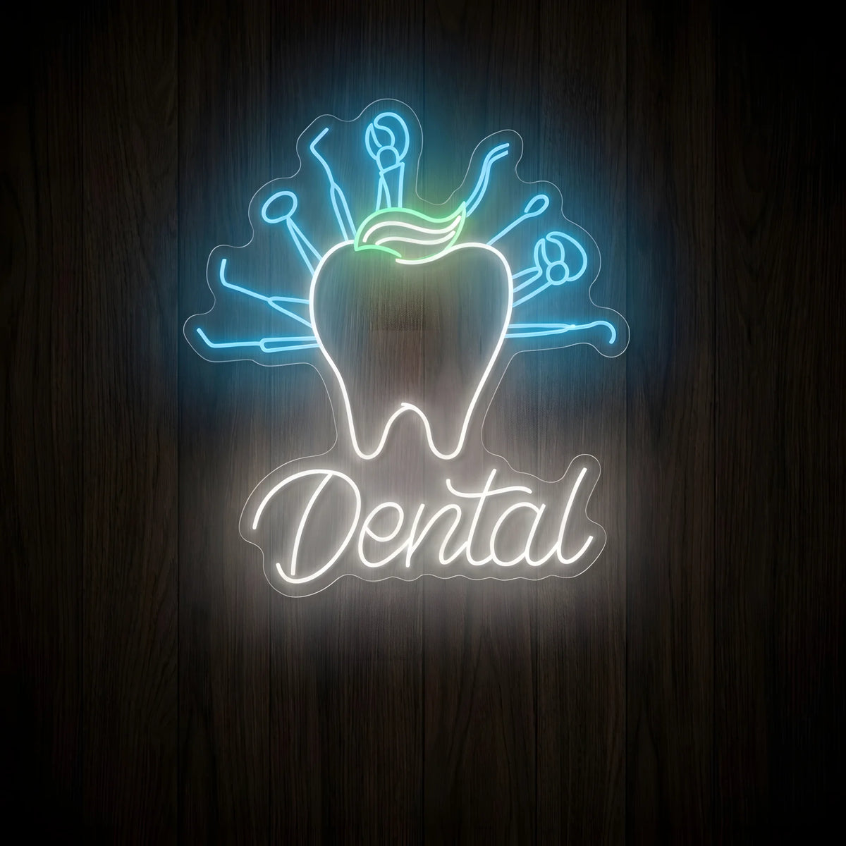 Dental Instruments Tooth LED neon sign featuring a cool white tooth with green accent, surrounding blue dental tools, and white Dental script lettering on clear acrylic backing for dental office decor.