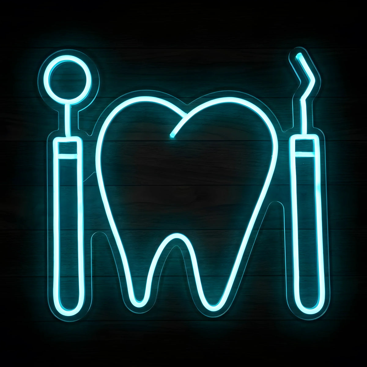 Dental Mirror and Scaler LED neon sign featuring a large cyan-blue tooth outline between a dental mirror and scaler on clear acrylic backing for dental clinic wall decor.