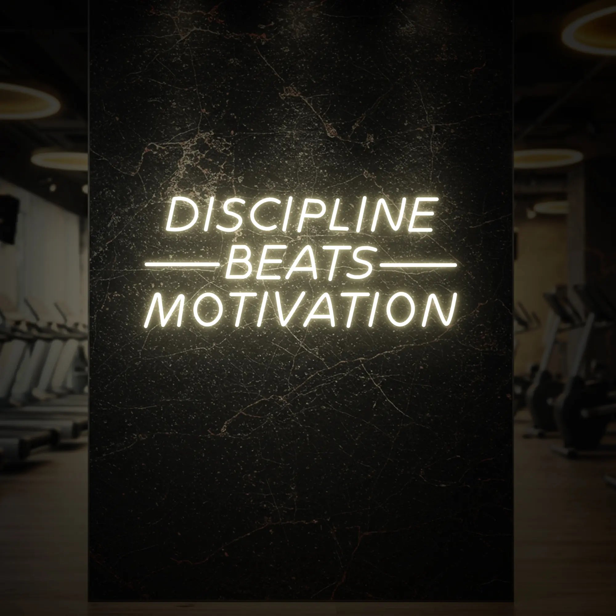 'Discipline Beats Motivation' neon sign glowing in warm white against a styled interior wall.