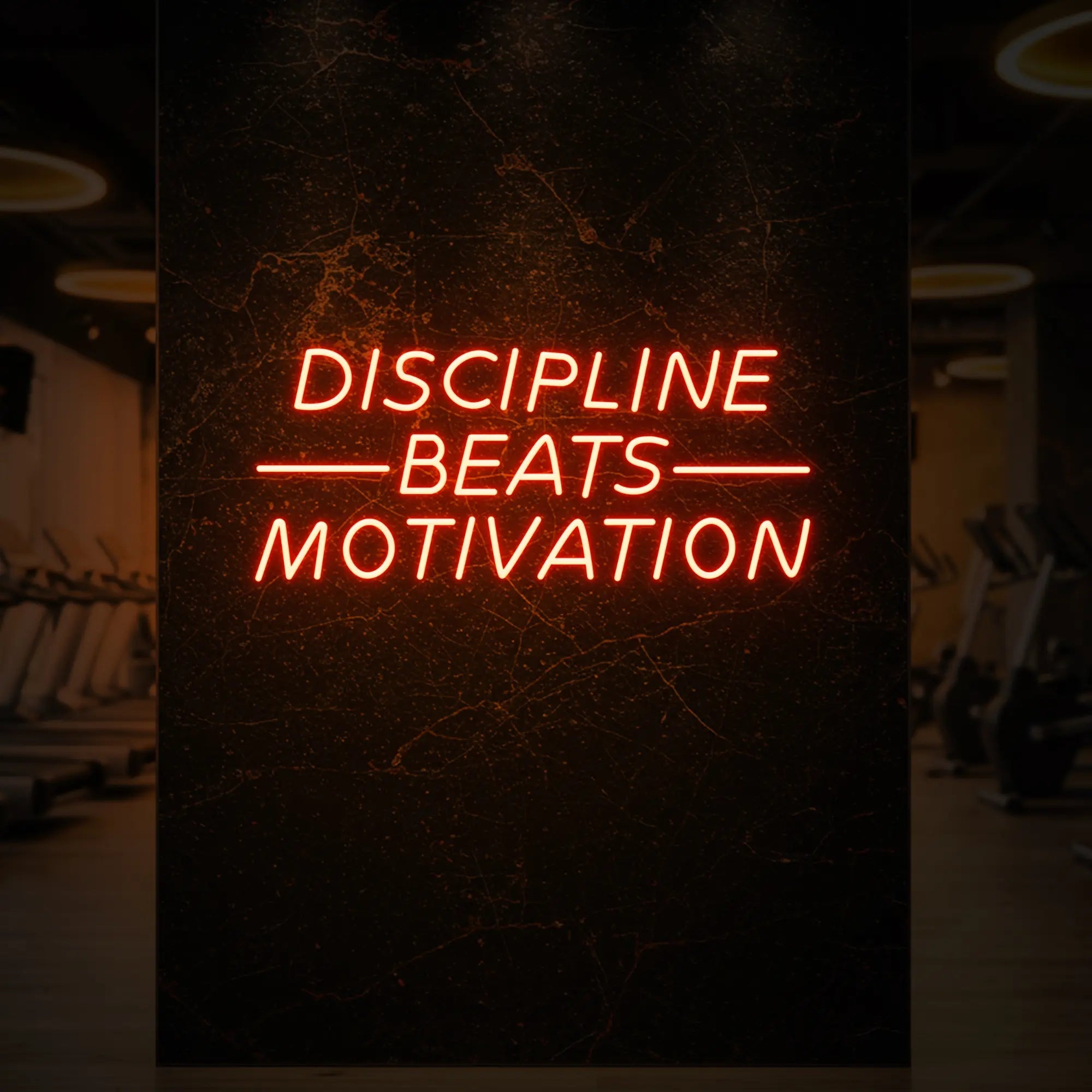  'Discipline Beats Motivation' neon sign glowing in golden yellow against a styled interior wall.