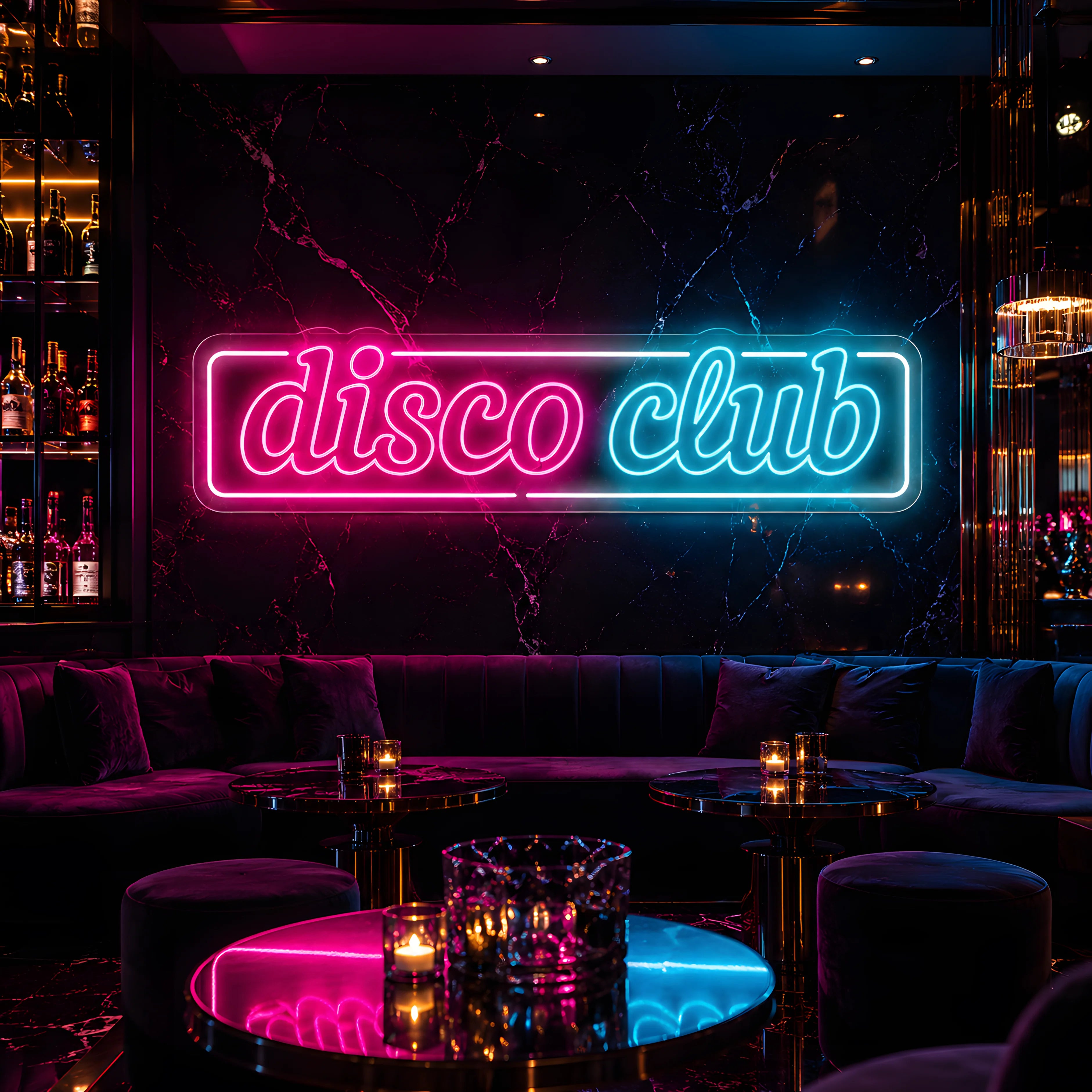 Photo of the 'DiscoClub' neon sign glowing in multi-color against a luxury nightclub-inspired wall.