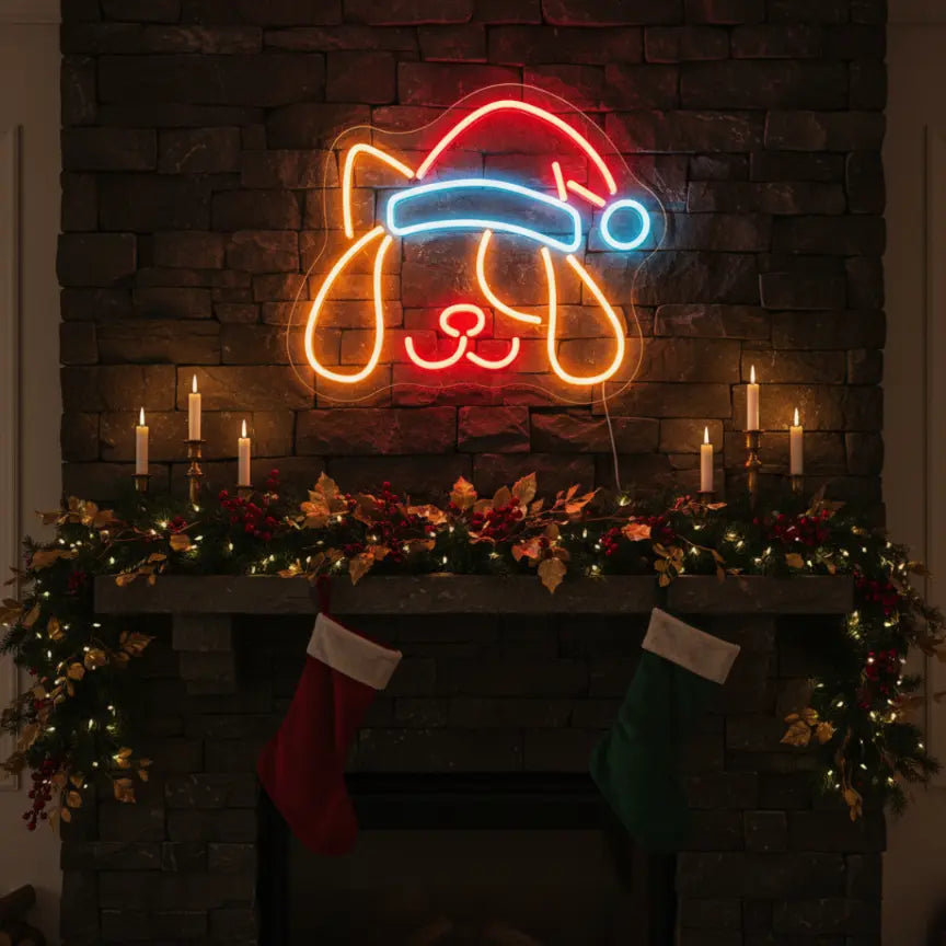 Photo of the 'Dog In Santa Hat' neon sign glowing in multicolor against a styled interior wall.