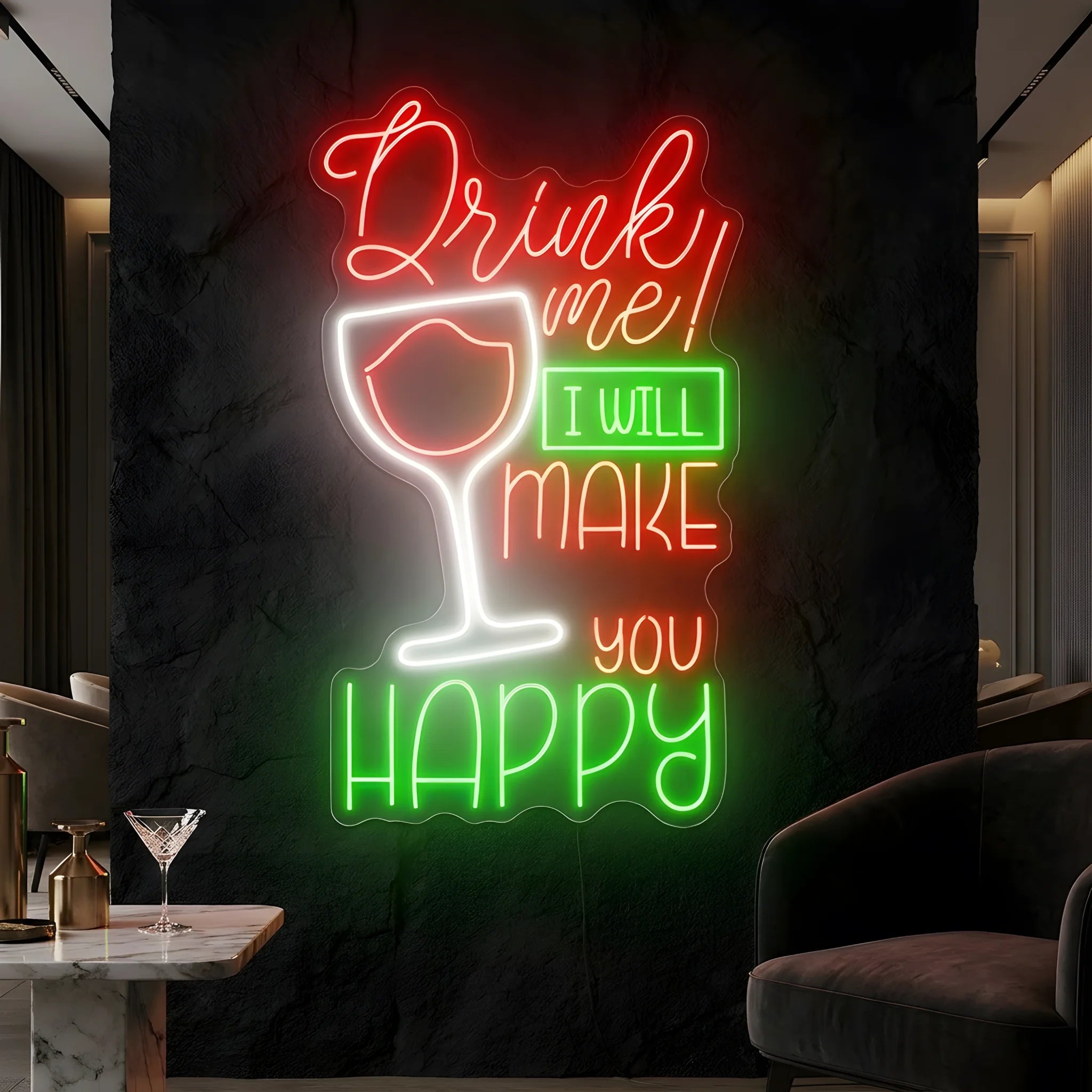 Photo of the 'Drink Me I Will Make You Happy' neon sign glowing in multi-color against a styled interior wall.