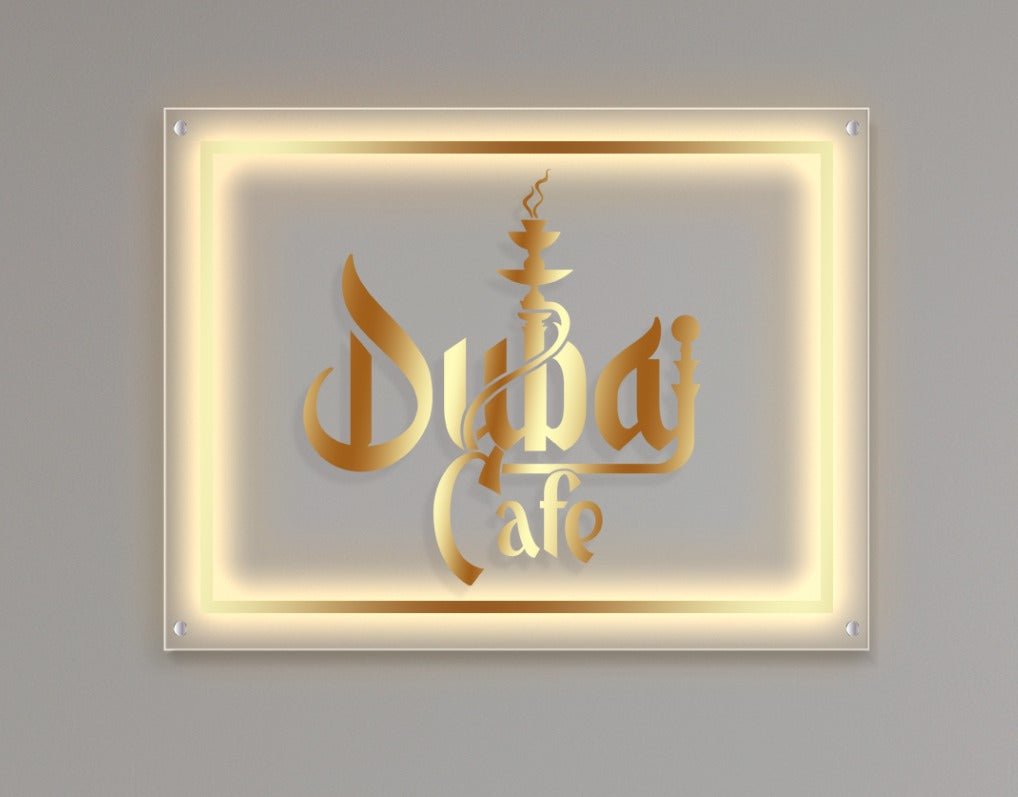 Dubai Cafe Custom Acrylic Backlit Sign (Gold Metal Logo) - Light Your Way