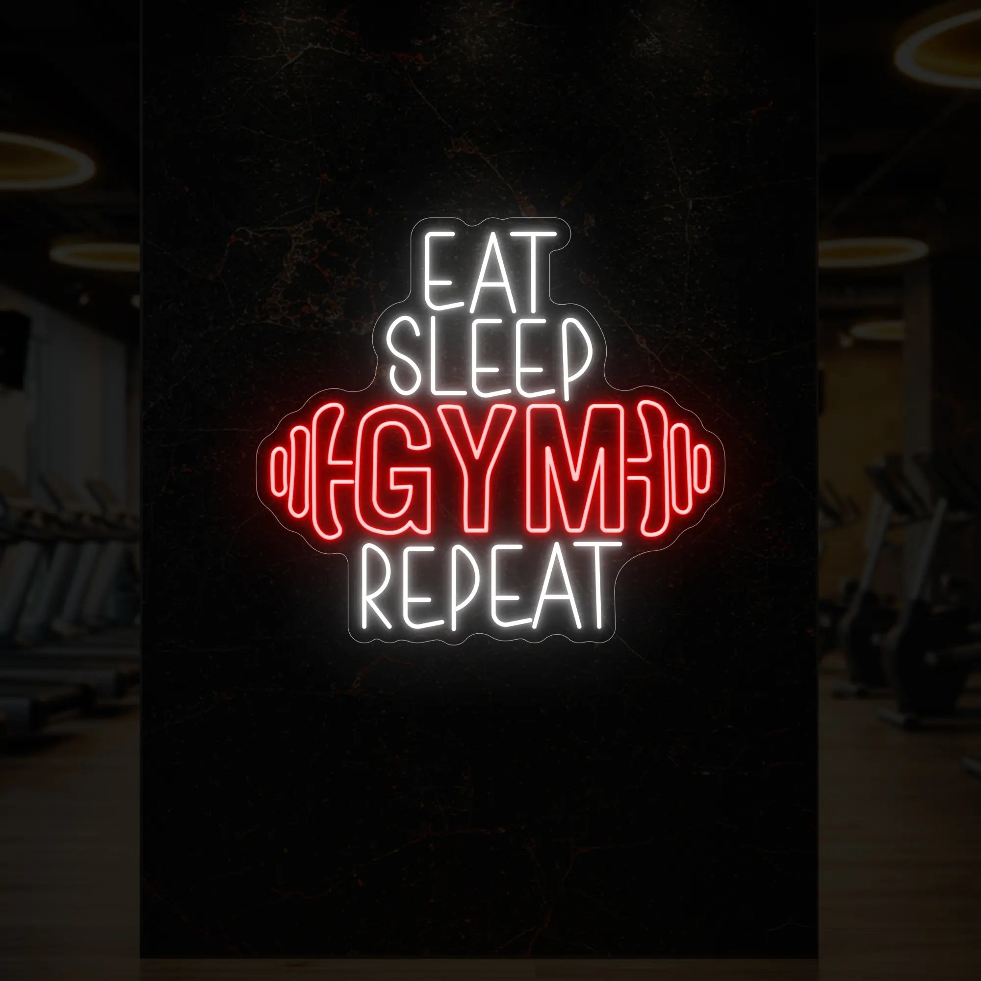  'Eat Sleep Gym Repeat (with Dumbbell)' neon sign glowing in red against a styled interior wall.