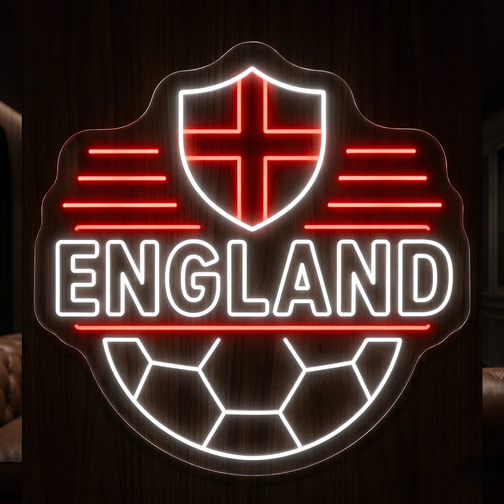 England LED neon sign featuring a football crest shield with football graphic and illuminated England lettering