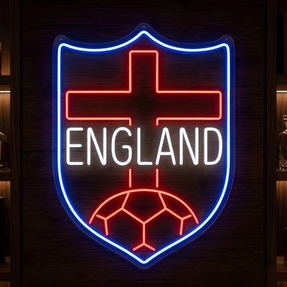 England Crest LED neon sign featuring shield design, St George Cross, and football graphic illuminated in red, cool white, and blue LED neon
