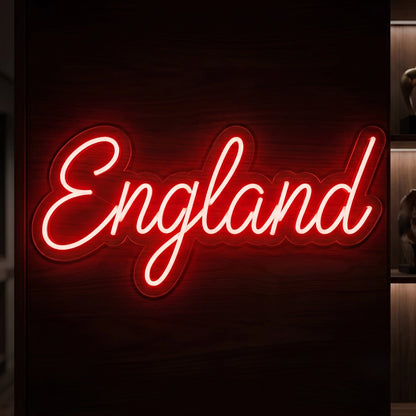England Script LED neon sign featuring cursive England lettering illuminated in red neon