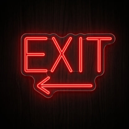 Exit Arrow LED Neon Sign with red EXIT lettering and left-pointing arrow on clear acrylic backing.