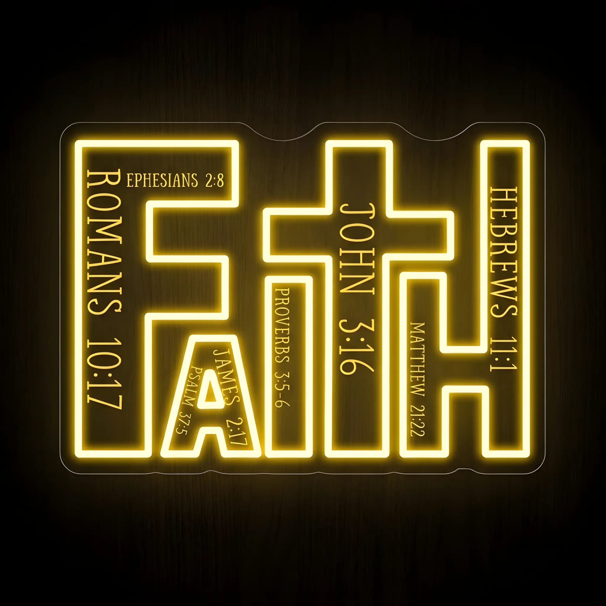 Faith LED neon sign with integrated cross and Bible verse references on precision-cut acrylic backing featuring warm golden yellow illumination for Christian wall decor.