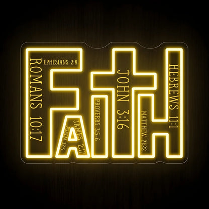 Faith LED neon sign with integrated cross and Bible verse references on precision-cut acrylic backing featuring warm golden yellow illumination for Christian wall decor.