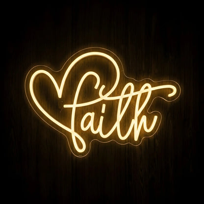 Faith LED neon sign with heart design on precision-cut acrylic backing featuring warm white illumination for Christian wall decor.