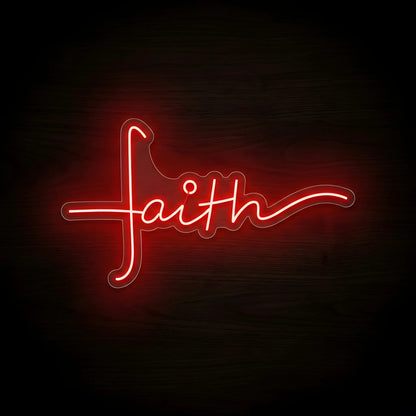 Faith Cross red LED neon sign on clear acrylic backing for Christian home décor, churches, prayer rooms, and Bible study spaces.