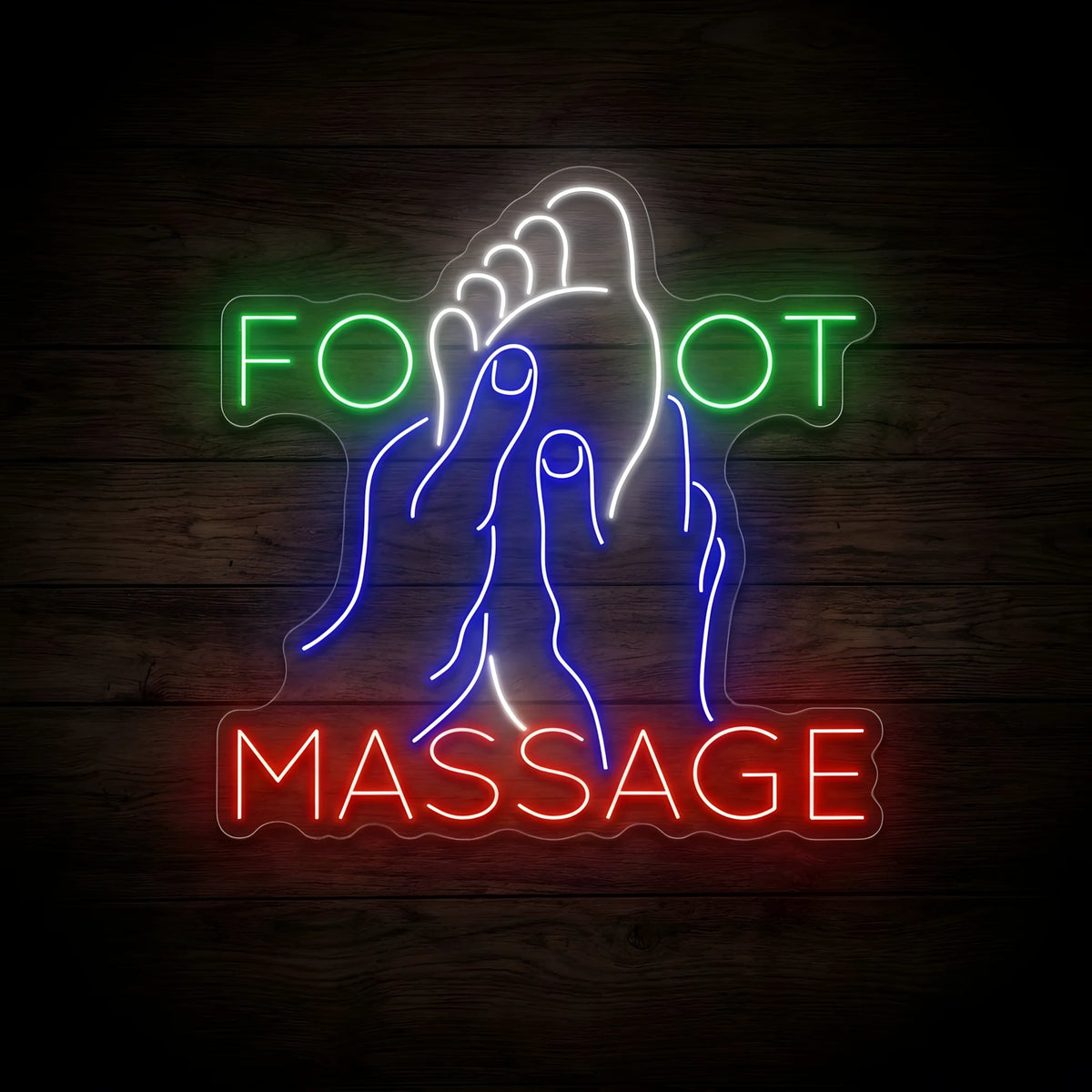 Foot Massage Reflexology LED Neon Sign featuring a white foot being massaged by blue hands, green FOOT lettering, and red MASSAGE lettering on clear acrylic backing against a dark wooden wall.