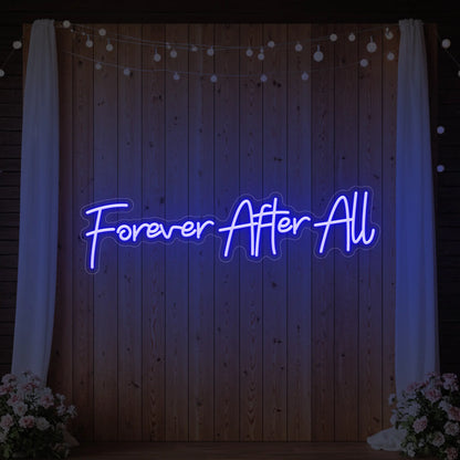 Photo of the 'Forever After All' neon sign glowing in deep blue against a styled interior wall.