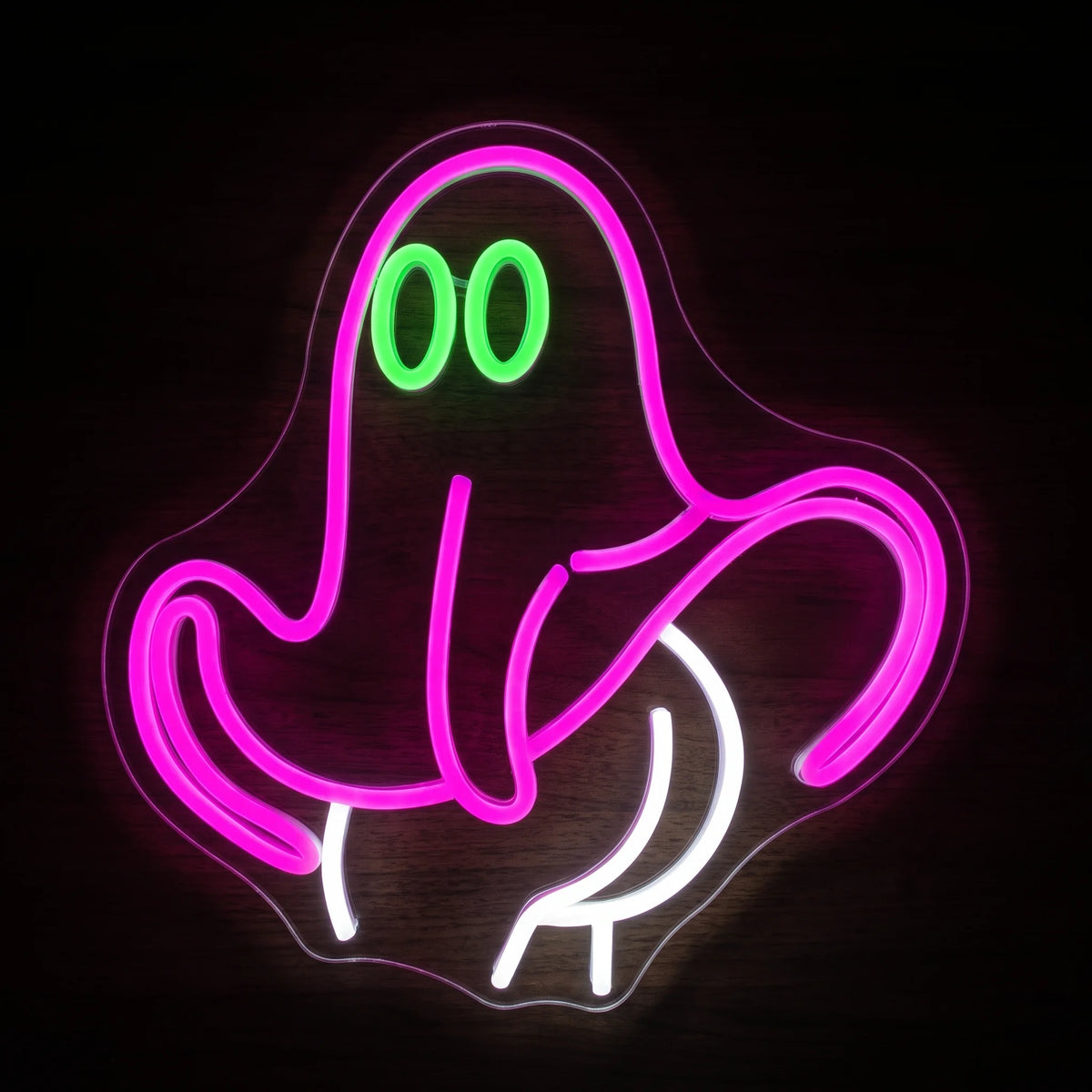 Ghost Monroe LED neon sign with pink ghost character, green eyes and cool white accents on clear acrylic backing.