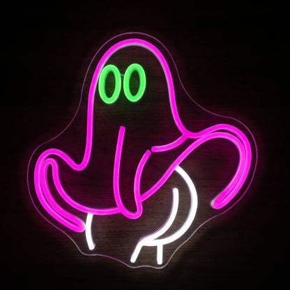 Ghost Monroe LED neon sign with pink ghost character, green eyes and cool white accents on clear acrylic backing.