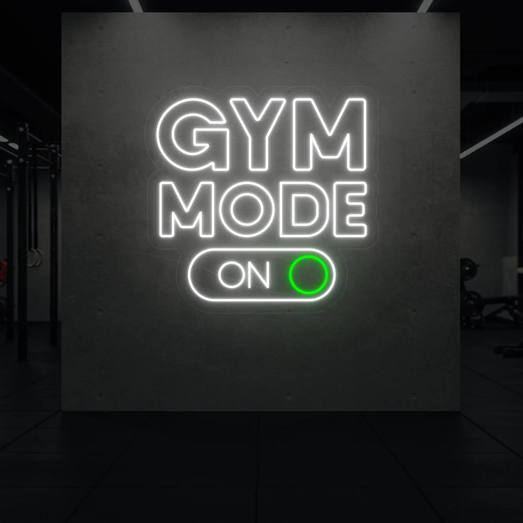 'Gym Mode On' neon sign glowing in cool white and green against a styled interior wall.