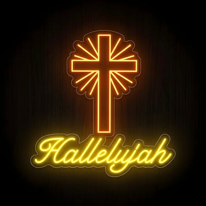 Cross and Hallelujah LED neon sign on precision-cut acrylic backing with warm amber and golden yellow illumination for Christian wall decor.
