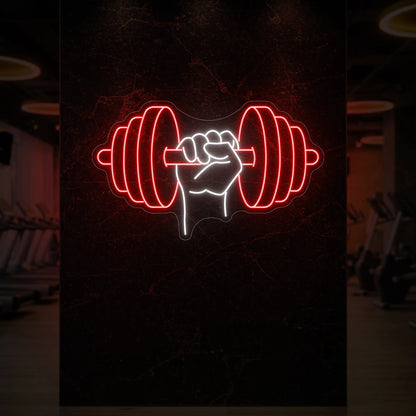 'Hand Holding a Weight' neon sign glowing in red against a styled interior wall.