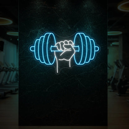  'Hand Holding a Weight' neon sign glowing in ice blue against a styled interior wall.