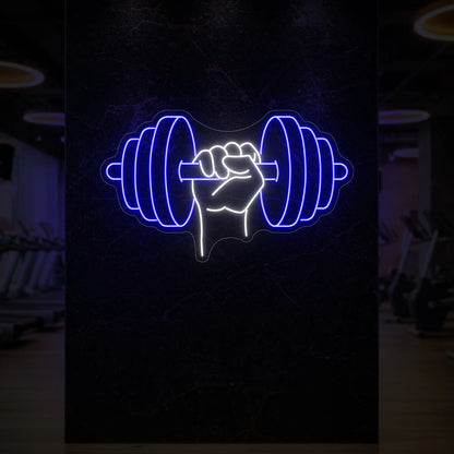 'Hand Holding a Weight' neon sign glowing in deep blue against a styled interior wall.