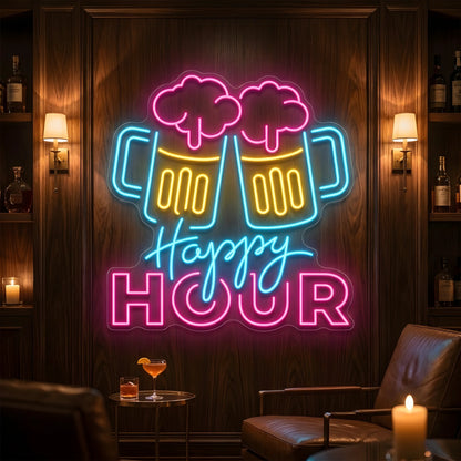 Photo of the 'Happy Hour' neon sign glowing in multi-color against a styled interior wall.