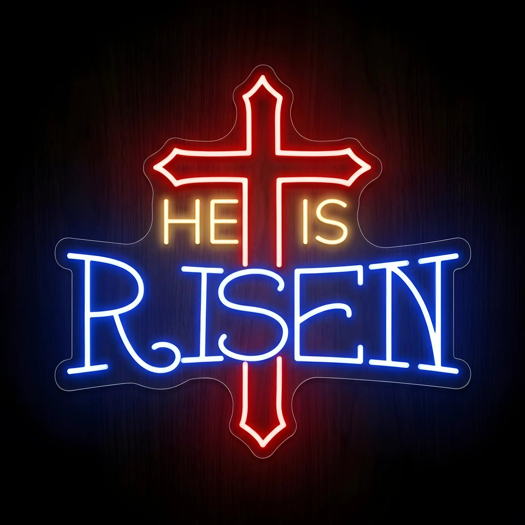 He Is Risen Cross LED neon sign with a red illuminated cross, blue lettering, and warm white accents on a clear acrylic backing for Christian wall decor.