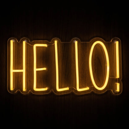 Hello Typography LED Neon Sign featuring HELLO! in glowing golden-yellow lettering on clear acrylic.