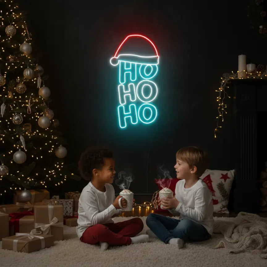 Photo of the 'Ho Ho Ho V1' neon sign glowing in Multicolor against a styled interior wall.