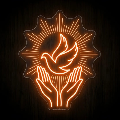 Holy Spirit Dove LED neon sign featuring a dove above praying hands surrounded by radiant rays on a precision-cut clear acrylic backing for Christian wall decor.