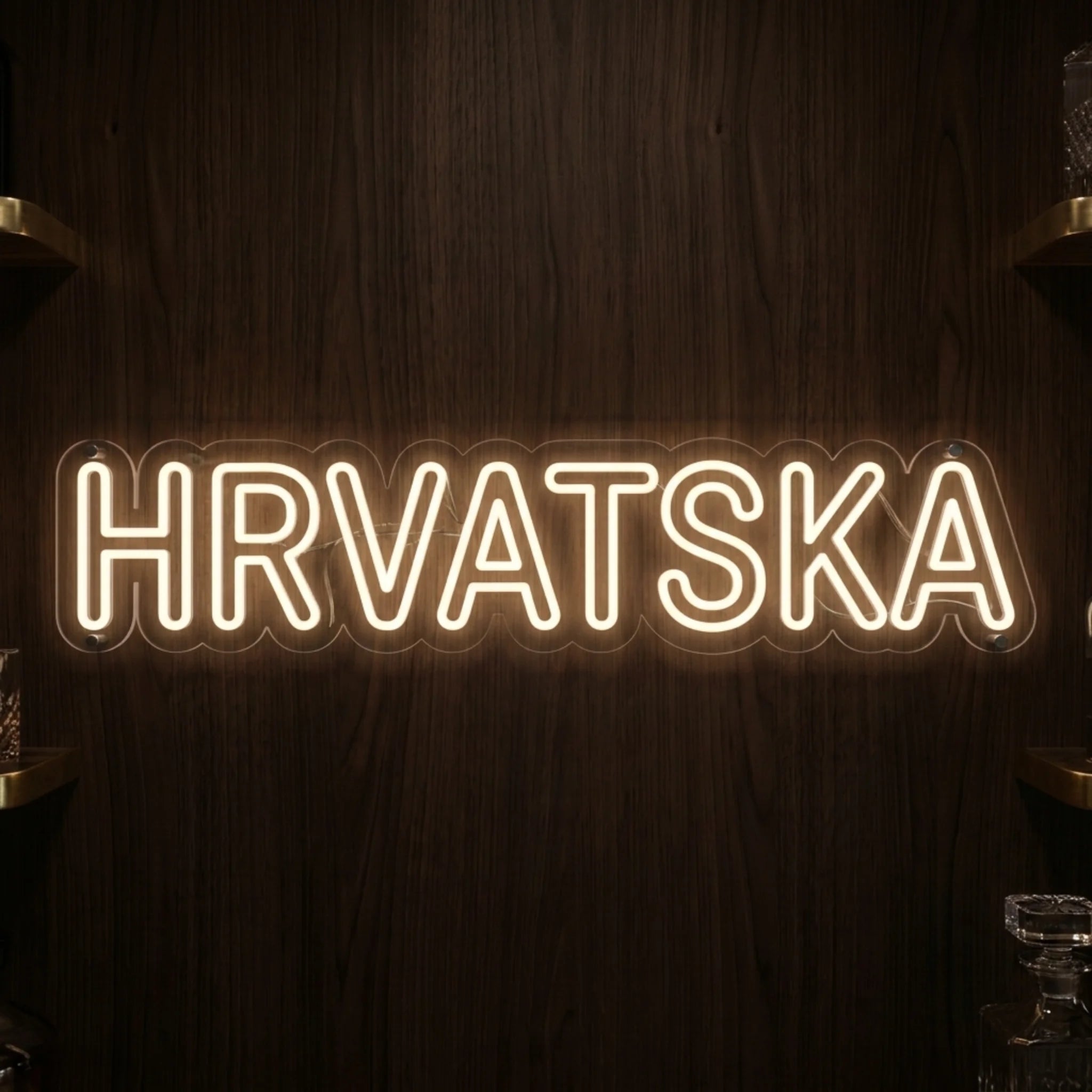 Hrvatska LED neon sign featuring warm white illuminated lettering on clear acrylic backing