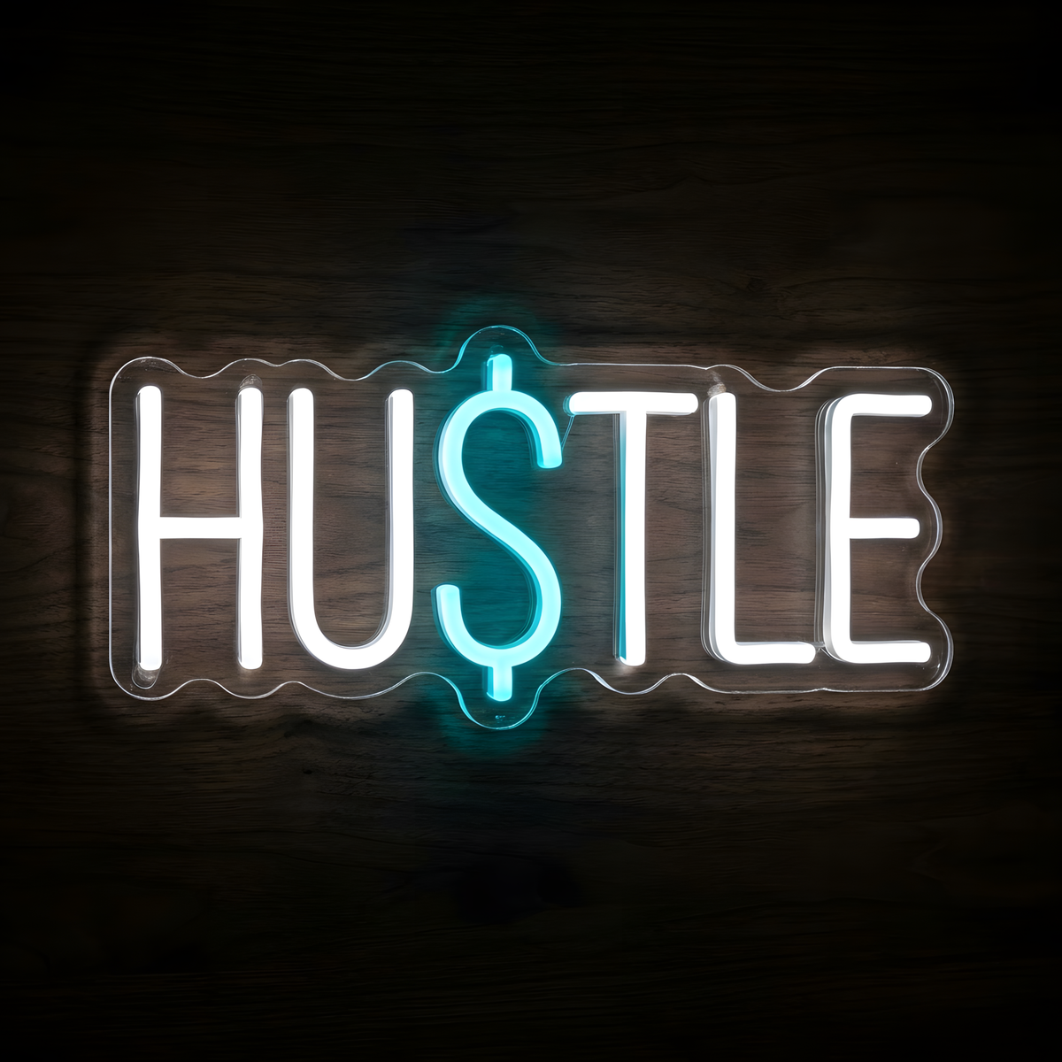 Hustle LED Neon Sign with white uppercase lettering and a cyan dollar sign replacing the S, on clear acrylic against a dark wood background, suited to home offices and small business workspaces.