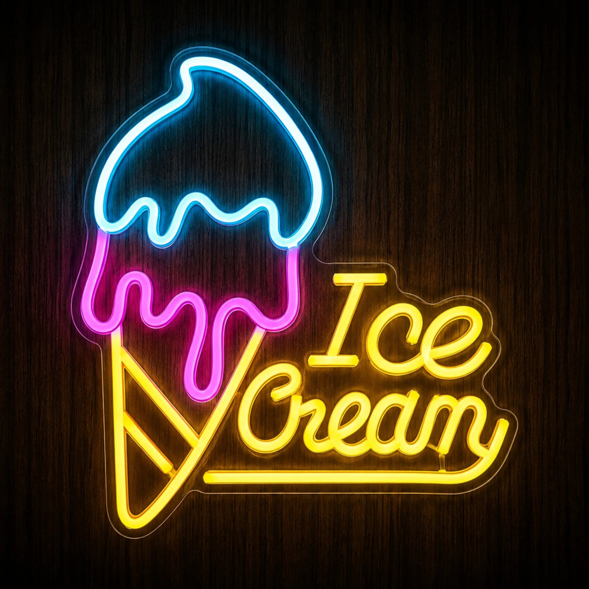 Ice Cream Shop Sign LED neon sign featuring a colorful dripping ice cream cone and bright Ice Cream lettering on clear acrylic.