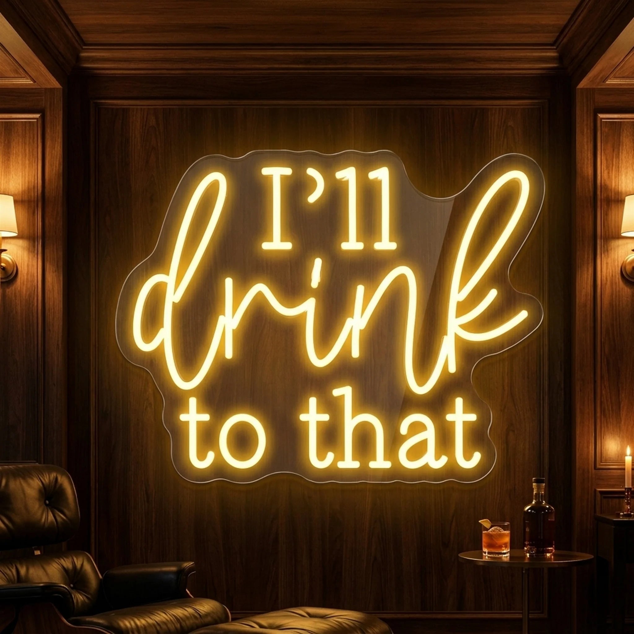 Photo of the 'I’ll Drink to That' neon sign glowing in lemon yellow against a styled interior wall.