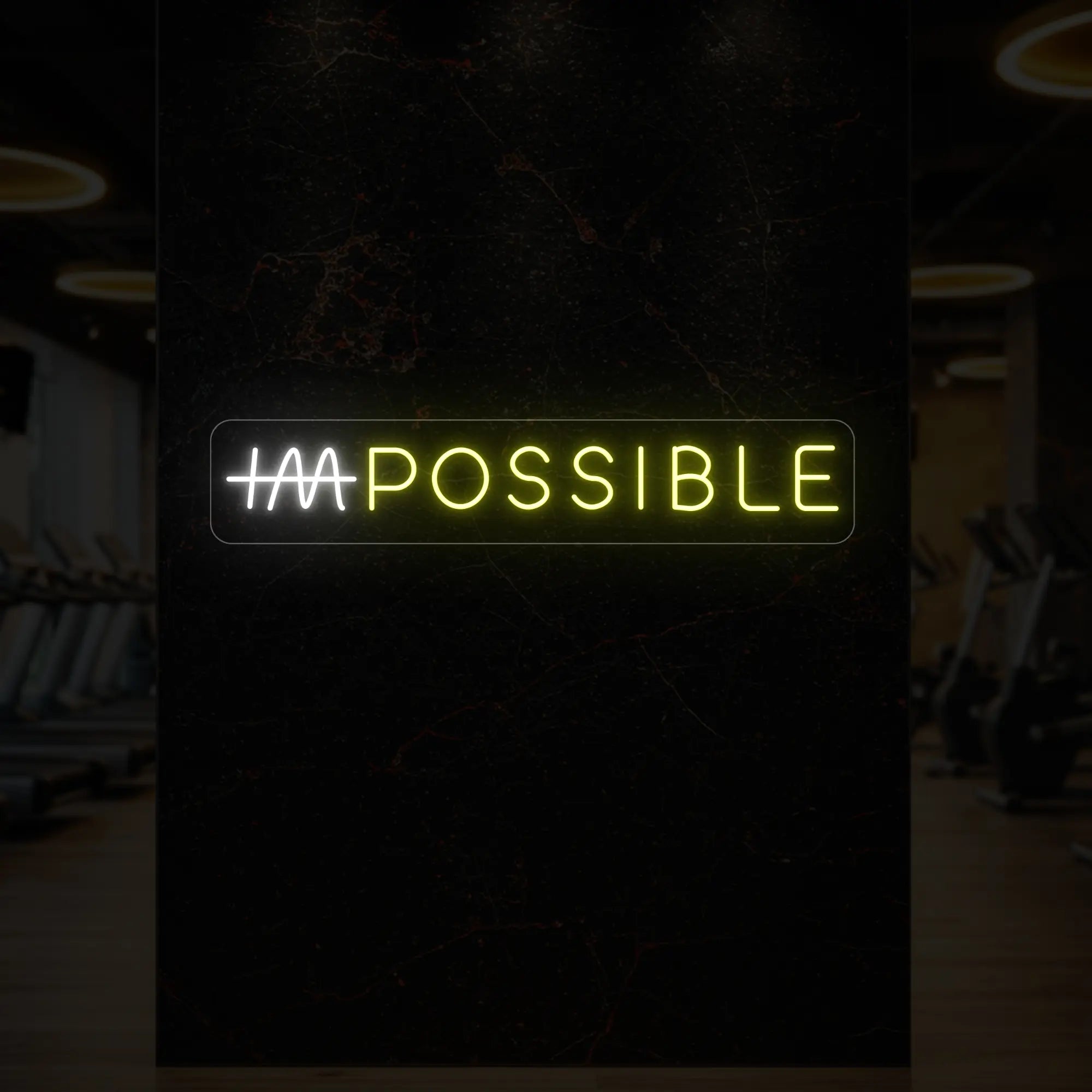 'IMPOSSIBLE' neon sign with the “IM” crossed out, glowing in lemon yellow and cool white against a styled interior wall.