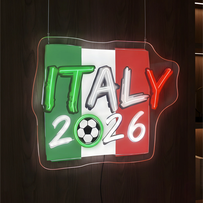 Italy 2026 LED neon sign featuring Italian flag artwork and football-inspired illuminated design