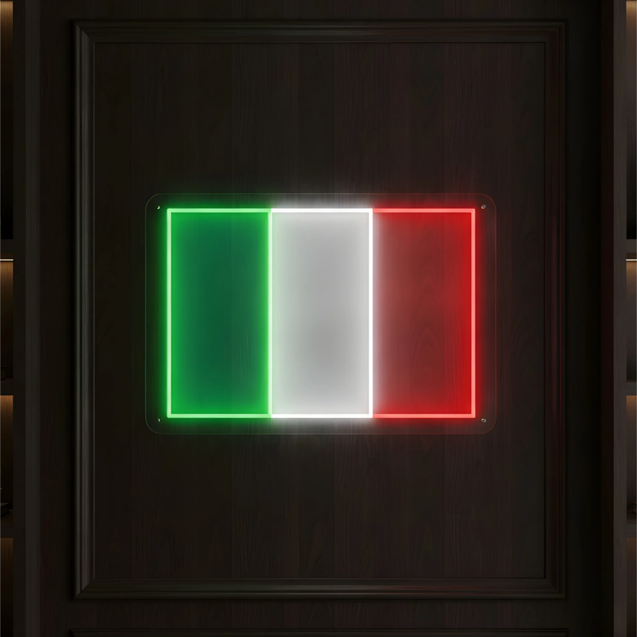 Italy flag LED neon sign featuring green white and red illuminated tricolor panel design