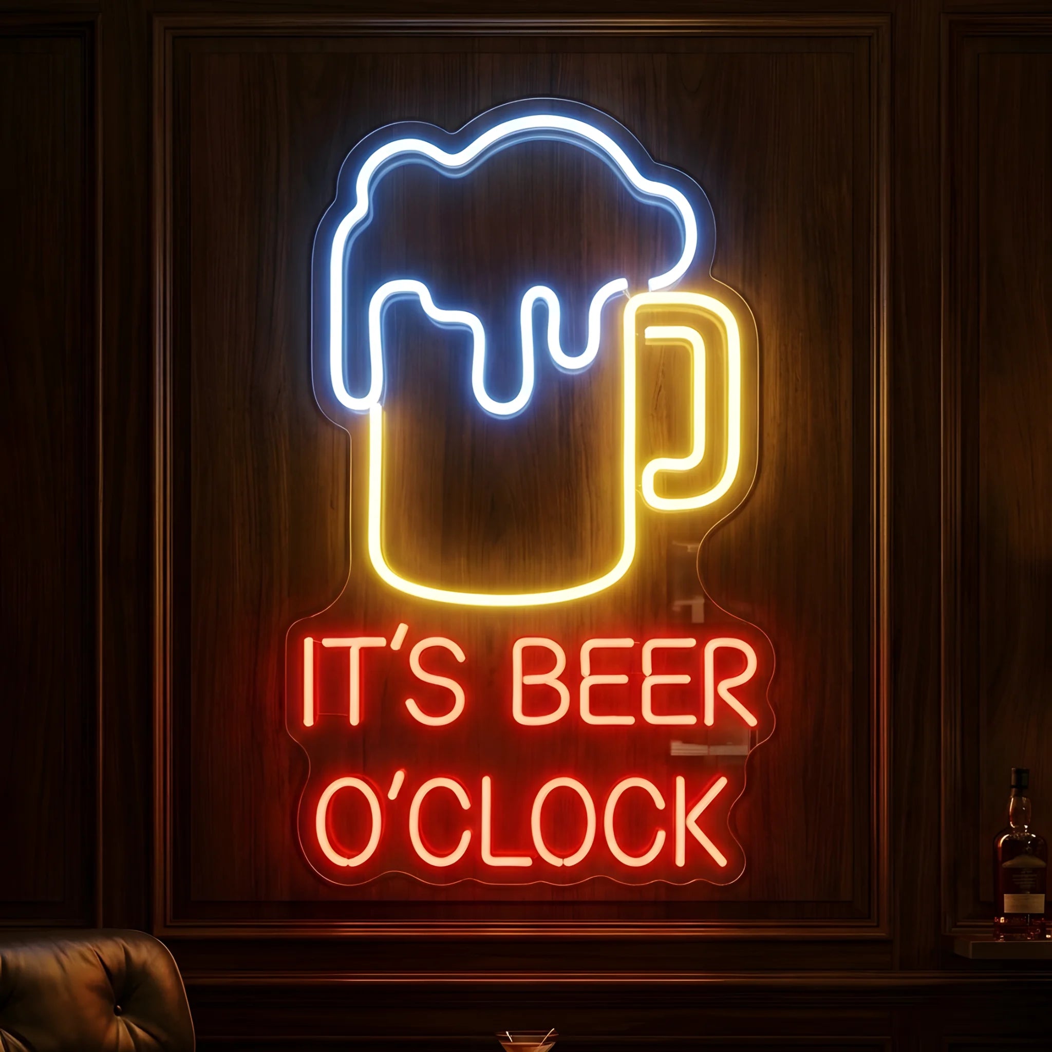 Photo of the 'It’s Beer O’Clock' neon sign glowing in multi-color against a styled interior wall.