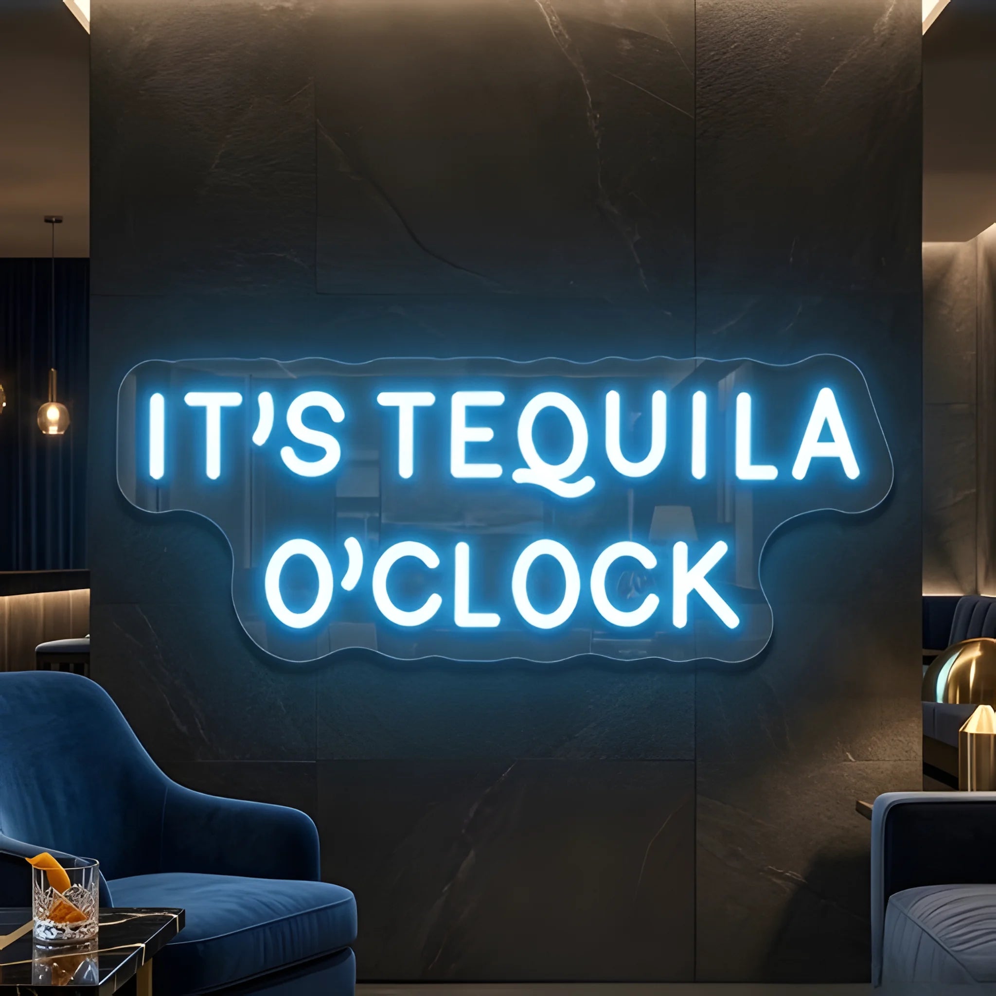 Photo of the 'It’s Tequila O’Clock' neon sign glowing in ice blue against a styled interior wall.