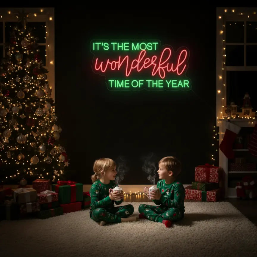 Photo of the 'It’s the Most Wonderful Time of the Year V3' neon sign glowing in multicolor against a styled interior wall.