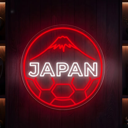 Japan mountain football LED neon sign featuring red circular design and mountain silhouette