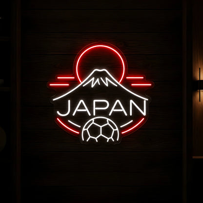 Japan Mount Fuji LED Neon Sign featuring red rising sun design with football accents and illuminated Japan lettering for Football 2026 supporters.