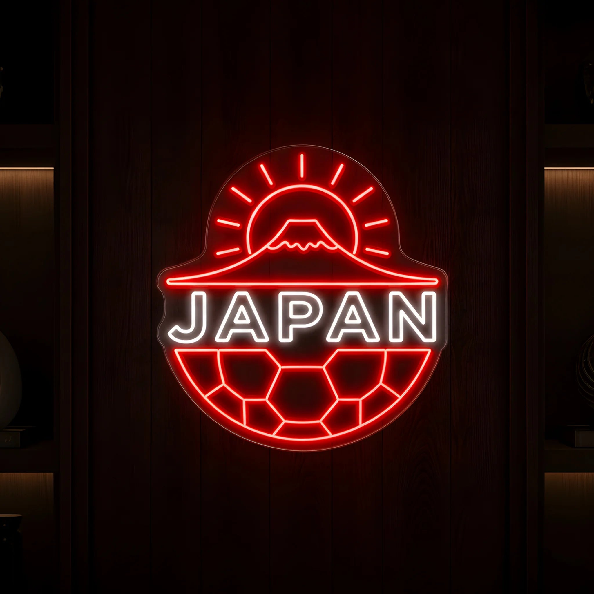 Japan Mount Fuji football LED neon sign featuring rising sun artwork and football-inspired crest design