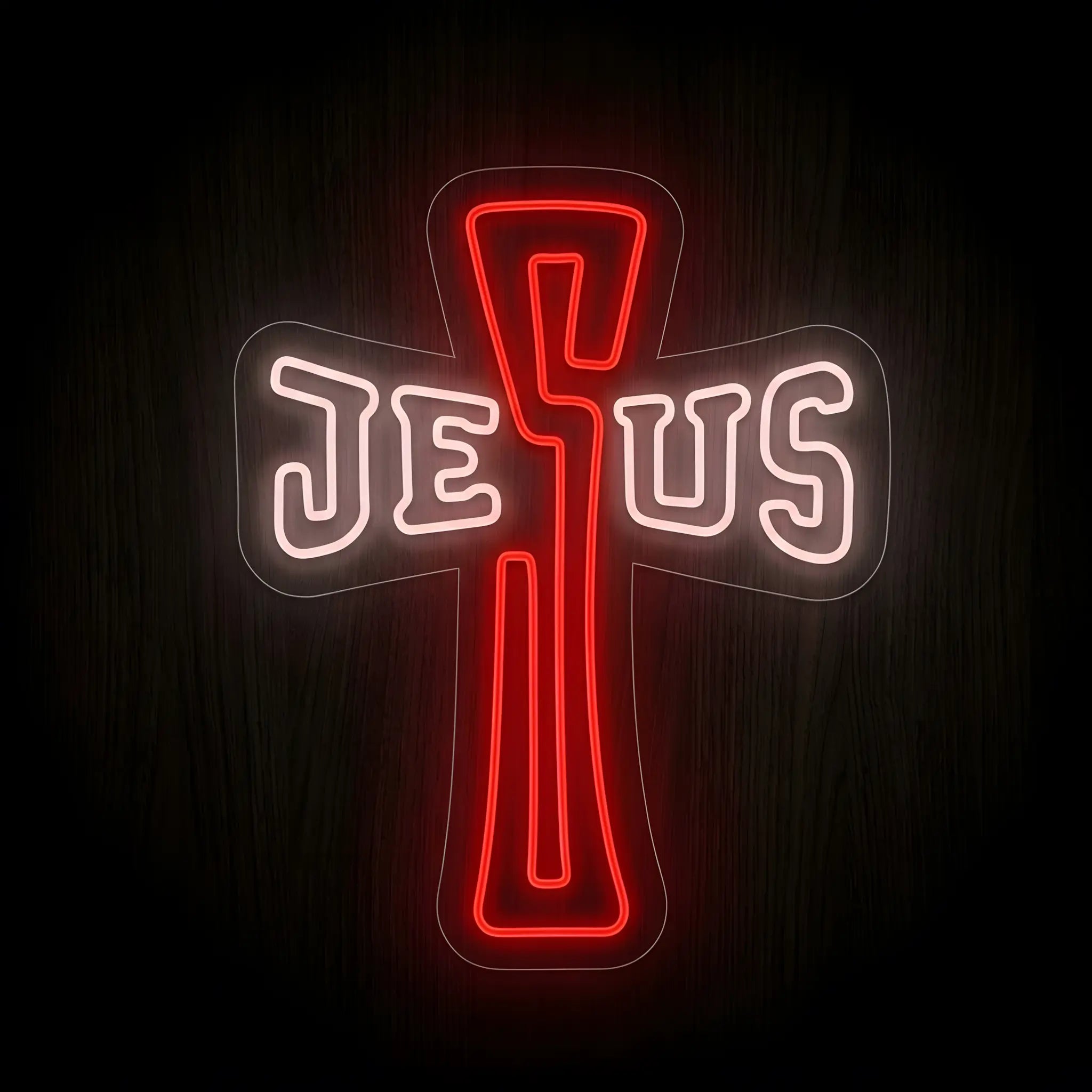 Jesus Cross LED neon sign featuring the name Jesus integrated into a glowing red cross with warm white lettering on a clear acrylic backing for Christian wall decor.