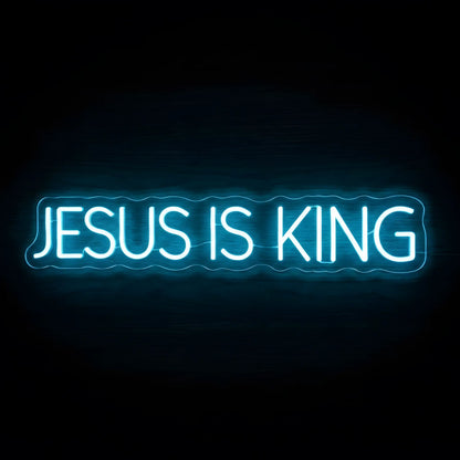 Jesus Is King LED neon sign with bright blue illumination on precision-cut acrylic backing, Christian wall decor celebrating the reign of Jesus Christ.