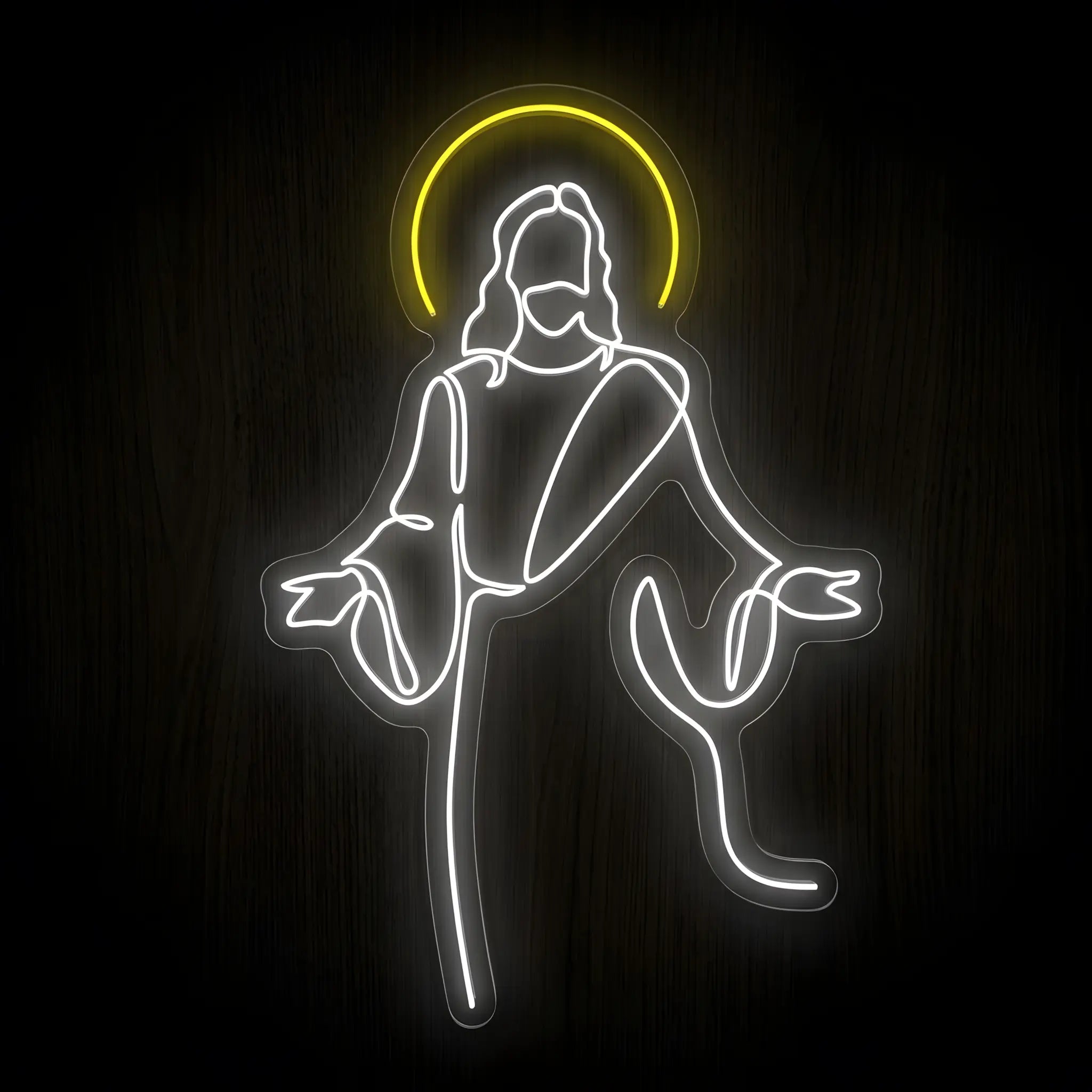Jesus with Open Arms LED neon sign featuring a glowing white outline of Christ with a golden halo on a clear acrylic backing for Christian wall decor.